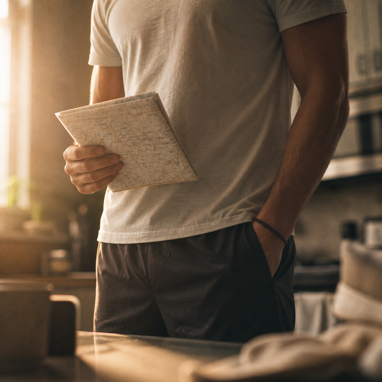 Printed marathon training plan in a kitchen, morning light